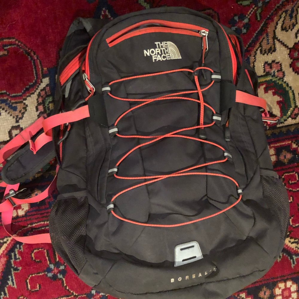 North Face pink and grey backpack